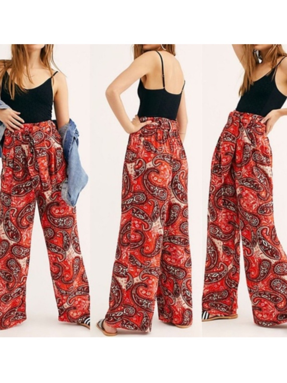 < Free People Double Trouble Wide-Leg Paisley Pattern Pants >